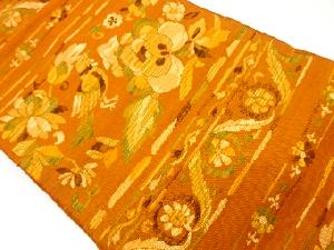 手織り紬鳥・花葉模様織出し名古屋帯